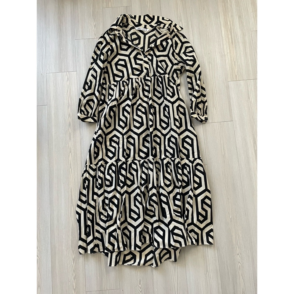 Zara Women's Black And White Geometric Print Long Sleeve Maxi Dress Size S